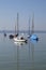 a scenic view of sailing boats in the sun on lake Ammersee (Herrsching in Germany)