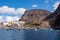 Scenic view on the small port of Vueltas  from Playa de Vueltas in Valle Gran Rey on La Gomera. Boats in the lagoon