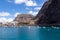 Scenic view on the small port of Vueltas  from Playa de Vueltas in Valle Gran Rey on La Gomera. Boats in the lagoon