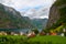 Scenic view of the small village with colorful houses at the bank of the Aurland fjord in Undredal, Norway