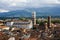 Scenic view of St. Martin Cathedral (Chiesa di San Martino) with bell tower from Torre delle Ore. Location Lucca, Tuscany, Italy.