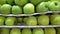 Scenic view of stocked fruits of green apples