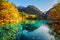 Scenic view of submerged tree trunks in the Five Flower Lake