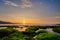 Scenic view of sunny sunrise over a rocky beach covered by green moss