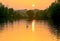 Scenic view of a swan on a lake in an orange sunset