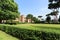 Scenic view of Terme di Caracalla in Rome. Umbrella pines in vast around ruins