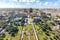 scenic view to downtown Baton Rouge and statue of Huey Long in morning light, Louisiana