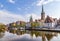 Scenic view to skyline of Luebeck at river Trave