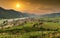 Scenic view to Wachau valley with the river Danube and town Weissenkirchen on a sunset. Lower Austria