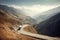 A scenic view of a truck driving through mountains: The image show a transport truck driving through a winding road in the