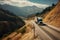 A scenic view of a truck driving through mountains: The image show a transport truck driving through a winding road in the