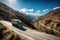 A scenic view of a truck driving through mountains: The image show a transport truck driving through a winding road in the