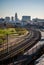 Scenic view of two railway tracks on the background of Los Angeles skyline