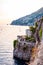 Scenic view on Tyrrhenian sea bay near Fiordo di Furore and Positano mountains region in Campania. Boats floating on water,