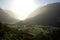 Scenic view of valley and Lovatnet from a mountaintop near via ferrata at Loen,Norway with mountains in the background