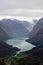 Scenic view of valley and Lovatnet from a mountaintop near via ferrata at Loen,Norway with mountains in the background