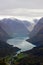 Scenic view of valley and Lovatnet from a mountaintop near via ferrata at Loen,Norway with mountains in the background