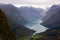 Scenic view of valley and Lovatnet from a mountaintop near via ferrata at Loen,Norway with mountains in the background