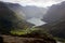 Scenic view of valley and Lovatnet from a mountaintop near via ferrata at Loen,Norway with mountains in the background