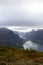 Scenic view of valley and nordfjord from a mountaintop near via ferrata at Loen,Norway with mountains in the background