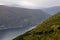 Scenic view of valley and nordfjord from a mountaintop near via ferrata at Loen,Norway with mountains in the background