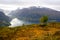 Scenic view of valley and nordfjord from a mountaintop near via ferrata at Loen,Norway with mountains in the background