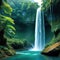 A scenic view of a waterfall in a lush with a hidden cave behind Fantasy concept Illustration