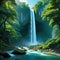 A scenic view of a waterfall in a lush with a hidden cave behind Fantasy concept Illustration