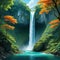 A scenic view of a waterfall in a lush with a hidden cave behind Fantasy concept Illustration