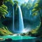 A scenic view of a waterfall in a lush with a hidden cave behind Fantasy concept Illustration
