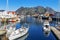 Scenic view of the waterfront harbor in Henningsvaer in summer