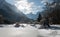 Scenic view on wonderful frozen lake jasna in julian alps in blue sky, kranjska gora, Slovenia