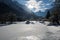 Scenic view on wonderful frozen lake jasna in julian alps in blue sky, kranjska gora, Slovenia