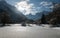 Scenic view on wonderful frozen lake jasna in julian alps in blue sky, kranjska gora, Slovenia