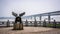 Scenic view of the Yangtze Wuhan Great bridge and statue of a winged drum on the riverbank in Wuhan Hubei China