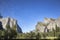 Scenic view in Yosemite valley to mountains of el capitan and cathedral rock