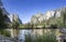 Scenic view in Yosemite valley to mountains of el capitan and cathedral rock