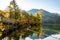 Scenic view of Yunoko lake bridge at fall with colorful trees