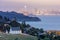 Scenic views of Old St Hillary`s Church, Angel Island, Alcatraz Prison, San Francisco Bay and San Francisco Skyline at dusk.