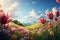 Scenic vista Neural network transforms green field, tulips, and sky