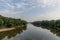 Scenic Wabash river vista in the summer set against dramatic sky, Indiana