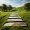 Scenic walkway on vibrant green grass, creating a peaceful atmosphere