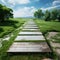 Scenic walkway on vibrant green grass, creating a peaceful atmosphere