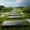 Scenic walkway on vibrant green grass, creating a peaceful atmosphere