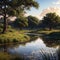 Scenic water pond in African savannah landscape, South Africa made with Generative AI