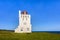 Scenic white Lighthouse at Kap Dyrholaey against blue sky, Sudurland, Iceland