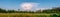 Scenic wide panorama view over sunny summer meadow, green forest, blue sky with one big rose cloud. Middle Summer in Sweden