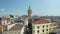 Scenic wide view of famous Galata Tower in the heart of Istanbul on Clear Blue Sky Day, Slow Aerial Dolly forward