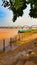 Scenic wide view of railway bridge across the Godavari river .