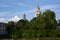 Scenic wiev ot italian historical gardens with baroque bells tower
